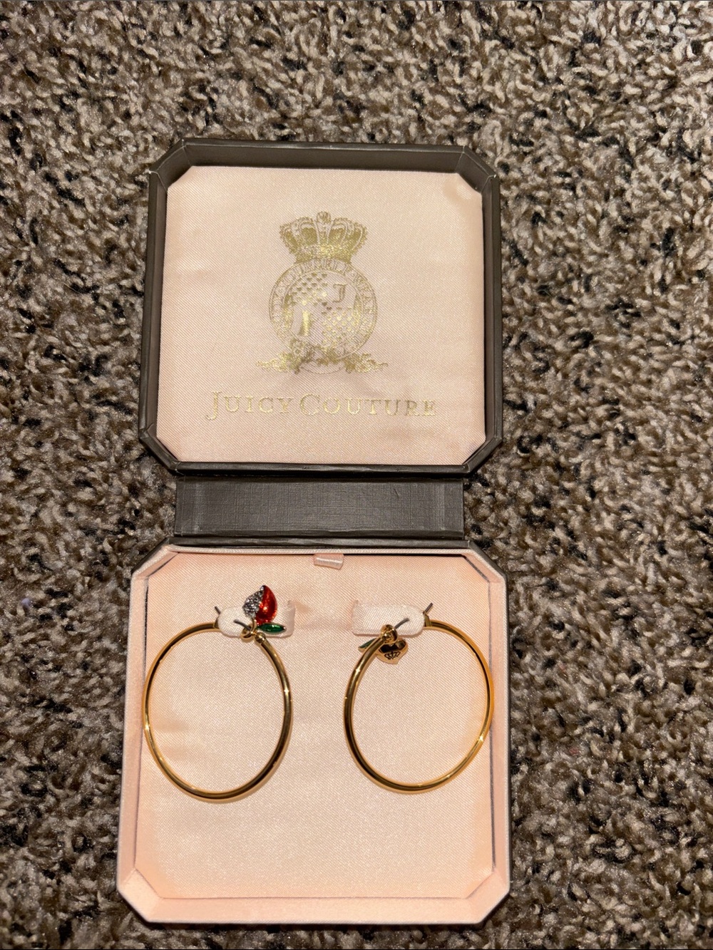 Juicy Couture Gold Hoop Earrings with Red & Green Enamel Peach Charm